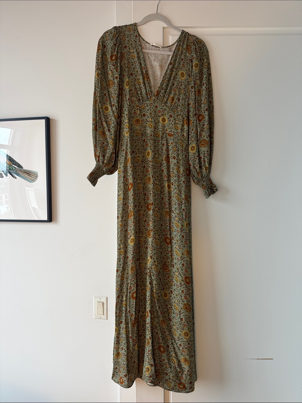 Floral V-Neck Long Sleeve Maxi Dress - Olive Green